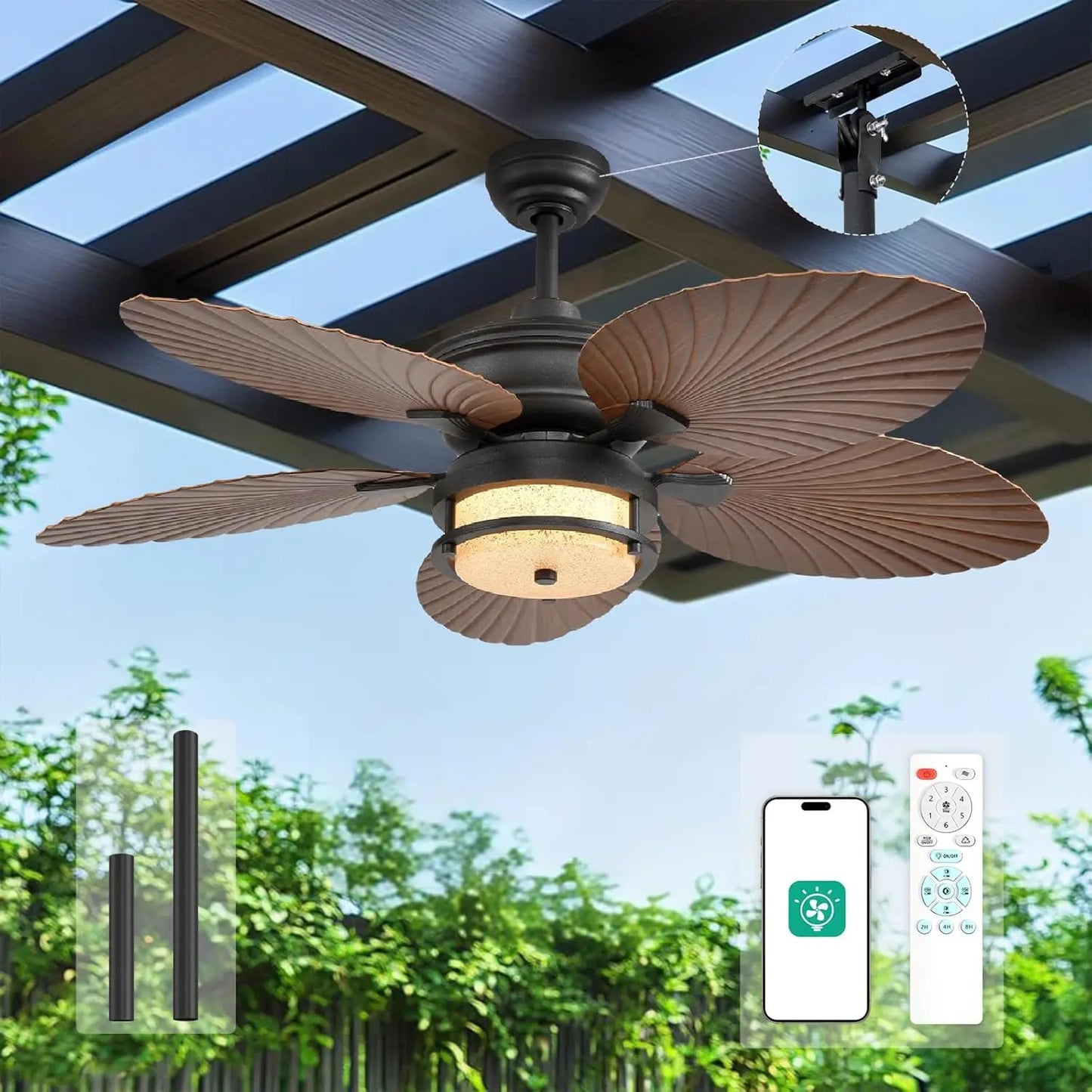 Orison 52'' Outdoor Ceiling Fan with Lights, Tropical Palm Leaf Fan, Wet Rated for Patio, Porch & Gazebo, Dimmable LED, 6-Speed,