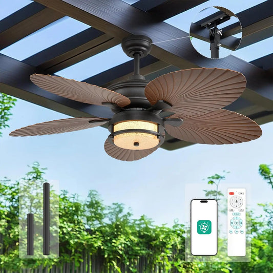Orison 52'' Outdoor Ceiling Fan with Lights, Tropical Palm Leaf Fan, Wet Rated for Patio, Porch & Gazebo, Dimmable LED, 6-Speed,