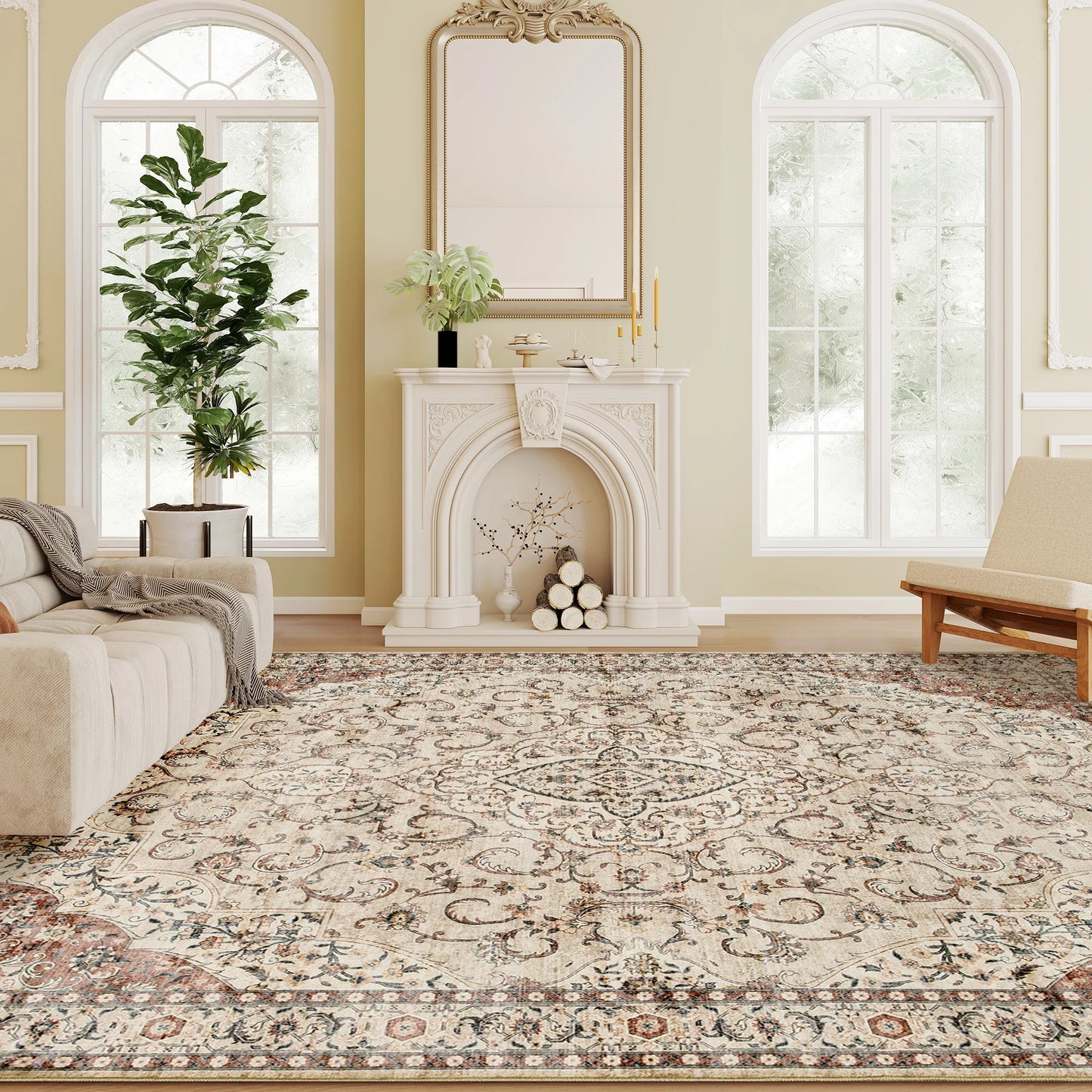 Machine Washable Area Rug, 5x7 Vintage Oriental Medallion Distressed Rugs Soft Printed Floor Mat, Mixed-Brown