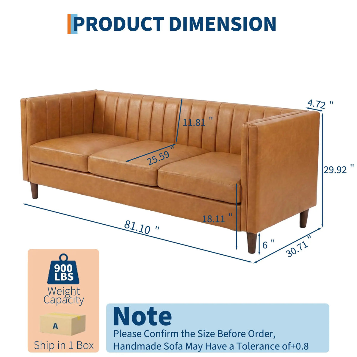 HiMISS Mid Century Modern Three Seat Faux Leather Sofa