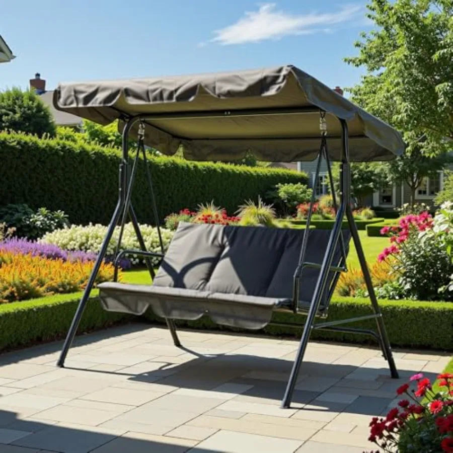 3-Person Outdoor Porch Swing Chair with Adjustable Canopy, Breathable Fabric Seat and Backrest, Armrests, Heavy-Duty Frame, 600
