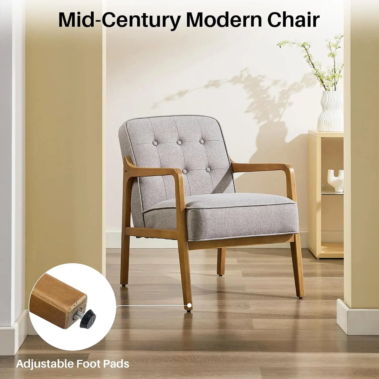Linen Accent Chair, Mid Century Modern Chair for Living Room, Upholstered Comfy Lounge Armchair with Solid Wood, Customized