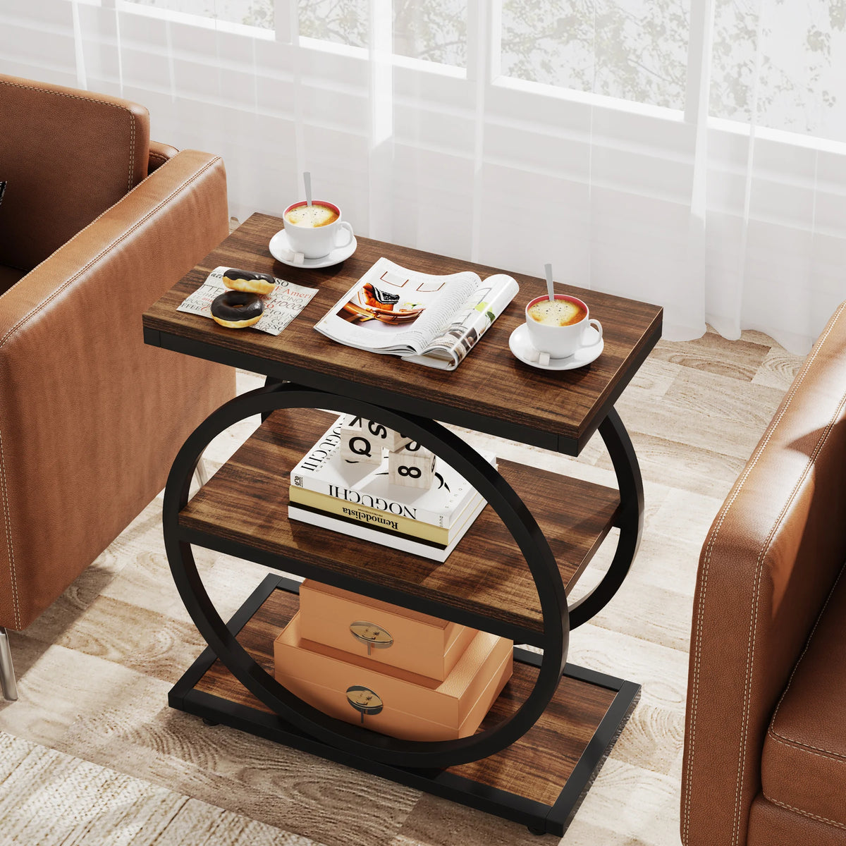 Tribesigns Industrial End Table With 3 Storage Shelves Metal Frame