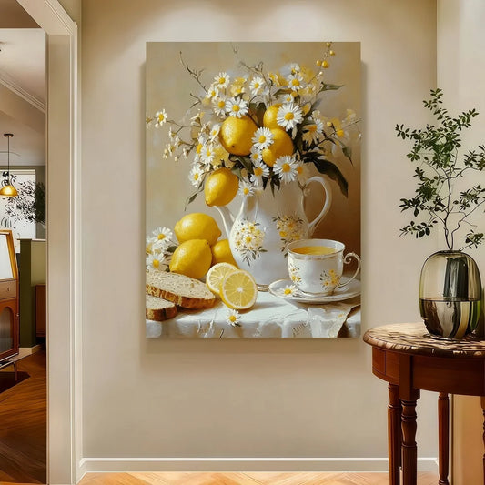 Vintage Framed Floral Wall Art Featuring Lemons and Vase