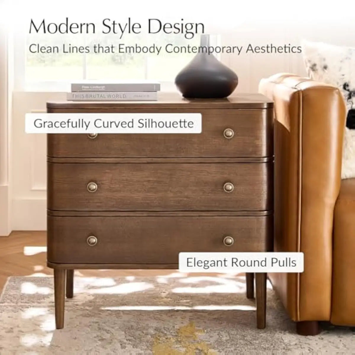 3-Drawer Curved End Table Set with Built-in Outlet & Adjustable Feet – Walnut Finish Solid Wood Construction – Modern Living Roo