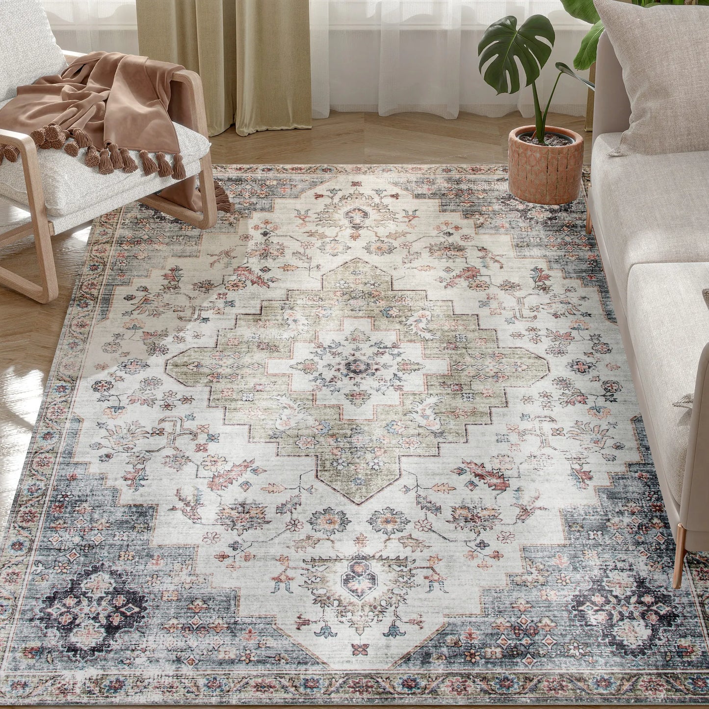Machine Washable Area Rug, 4'x6' Vintage Oriental Medallion Distressed Rugs Soft Printed Floor Mat, Brown and Green