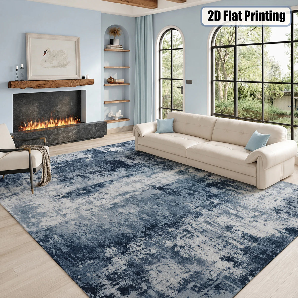 Large Indoor Area Rug, Soft Velvet Low Pile Floor Rug with Non-Slip Dotted Backing, Machine Washable Abstract Blue White Art Pattern Rug for Living Room, Bedroom, Modern Home Decor