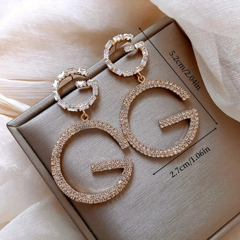 G Letter Pendant Earrings With Rhinestones Stainless Steel