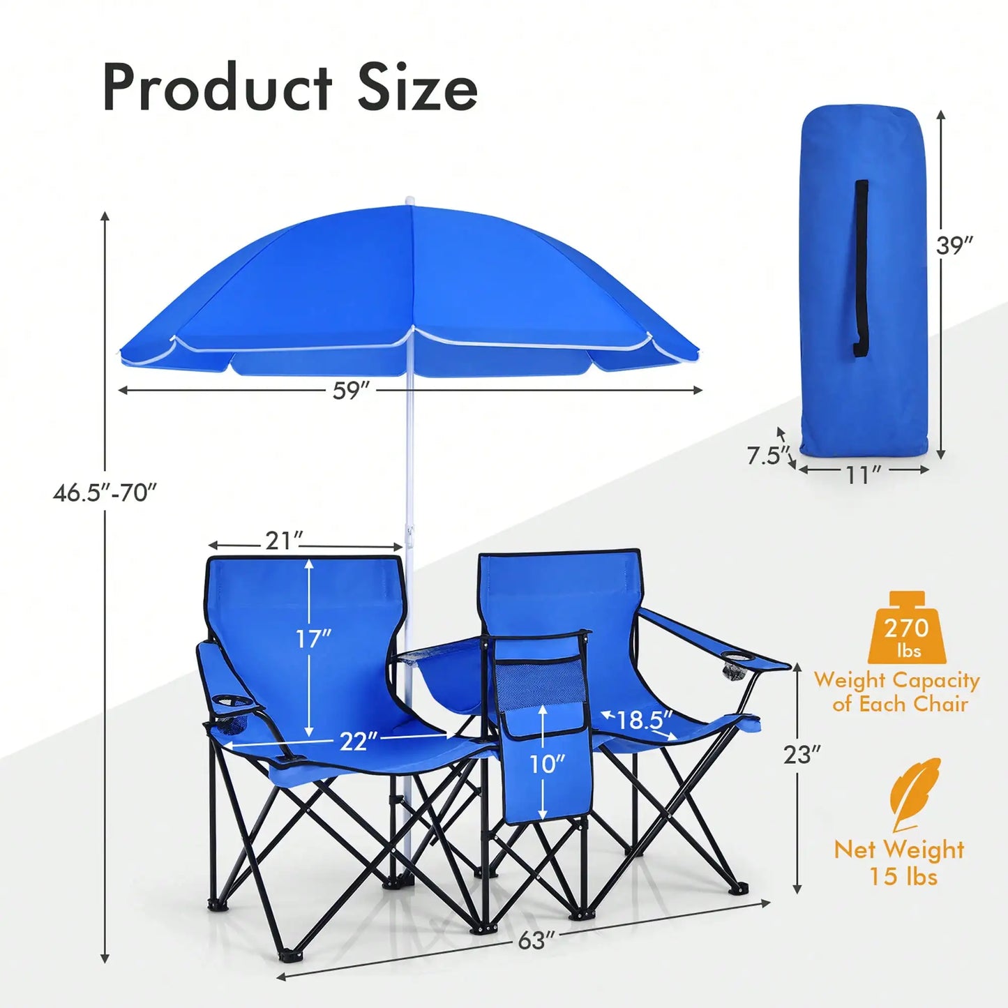 Folding Picnic Double Chair W/Umbrella Table Cooler Beach Camping Turquoise\Black\Red\Gray