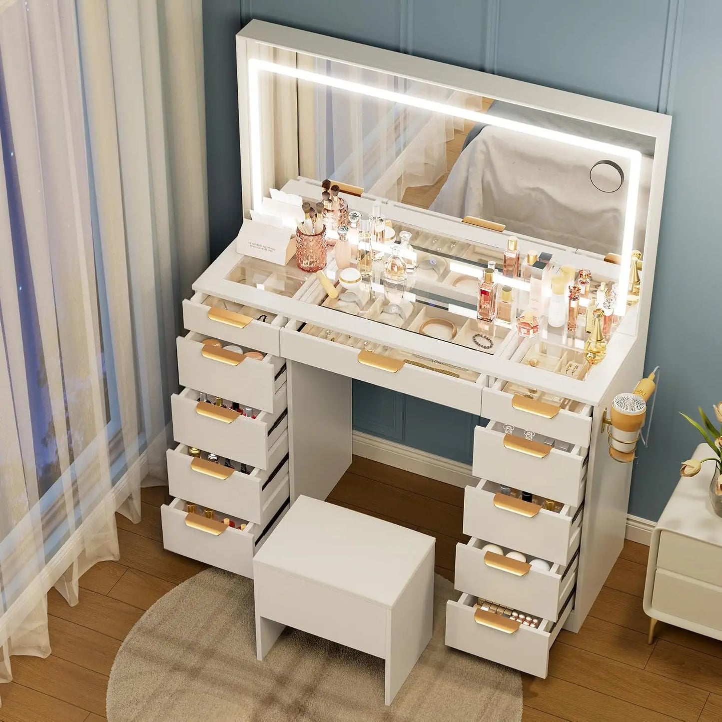 Glass Top Vanity Desk with Mirror and Lights, 11 Drawers Makeup Vanity with Charging Station and Chair, Golden, Customized