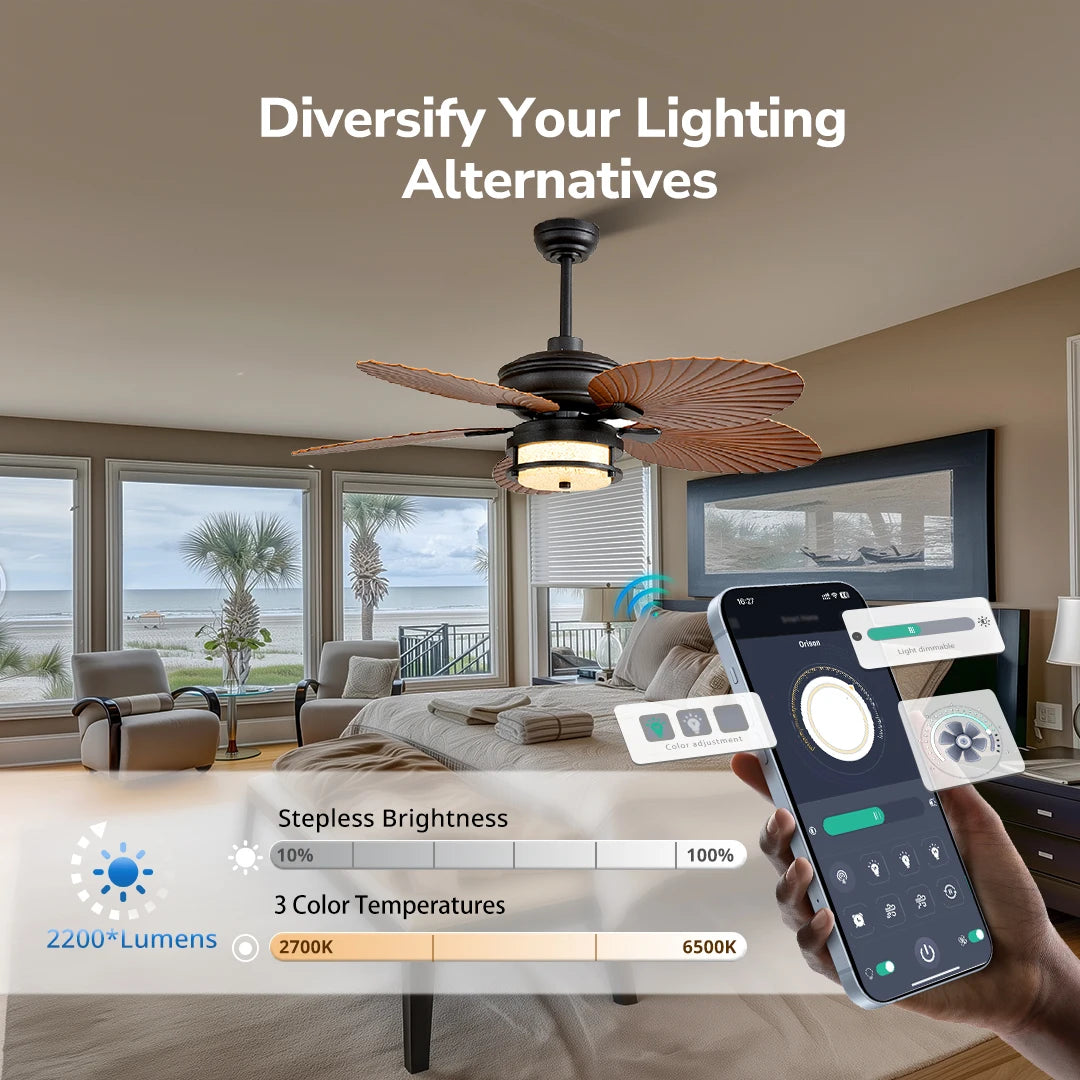 Orison 52'' Outdoor Ceiling Fan with Lights, Tropical Palm Leaf Fan, Wet Rated for Patio, Porch & Gazebo, Dimmable LED, 6-Speed,