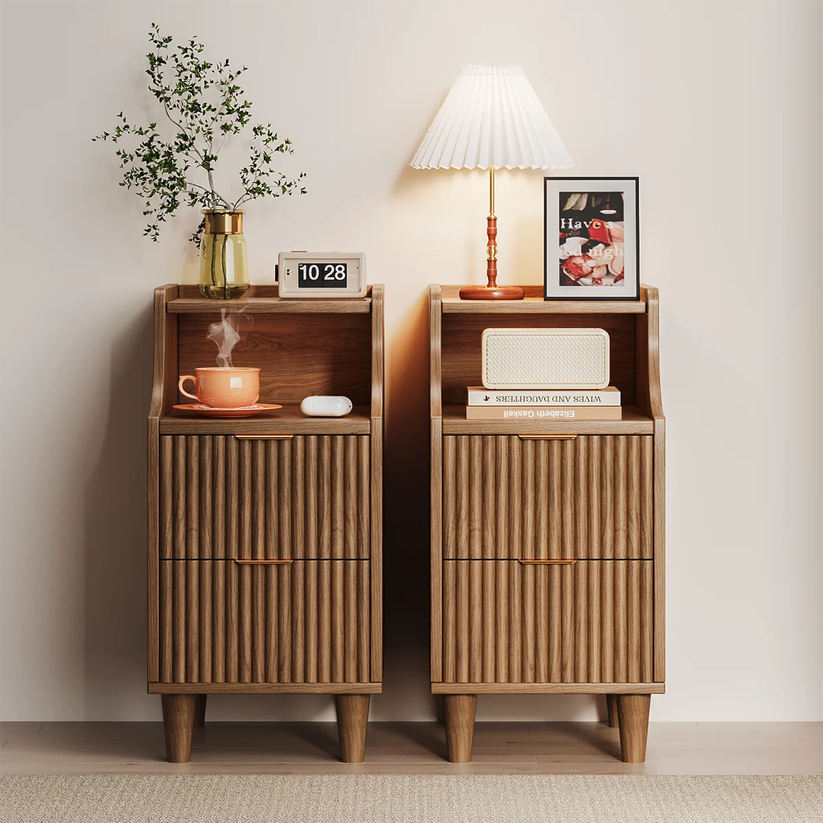 Set of 2, Narrow Nightstand with 2 Drawers, Slim Bedside Table | 11.81"W Modern Nightstand with Open Shelf , Space Saving Storage Cabinet for Bedroom and Study