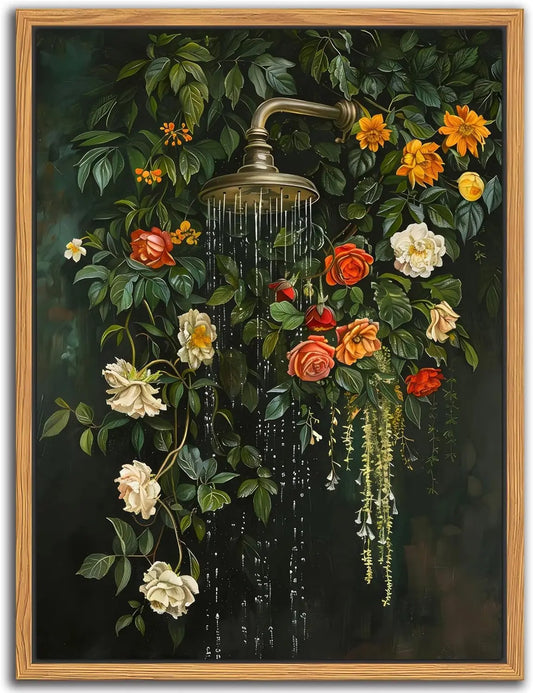 Vintage Botanical Shower Wall Art Floating Framed Canvas Romantic Roses