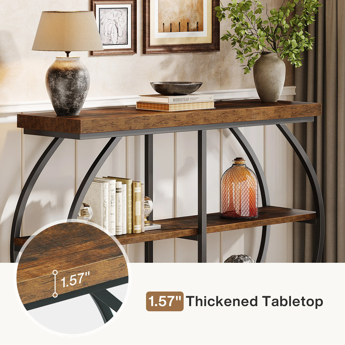 Tribesigns Industrial Console Table with Three Tier Storage Shelves