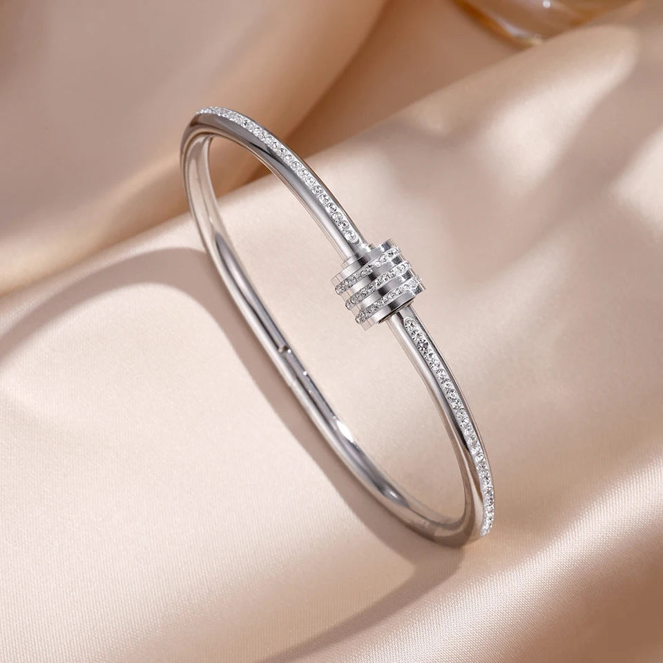 Sparkling Zirconia Inlaid Stainless Steel Bracelet Set For Women