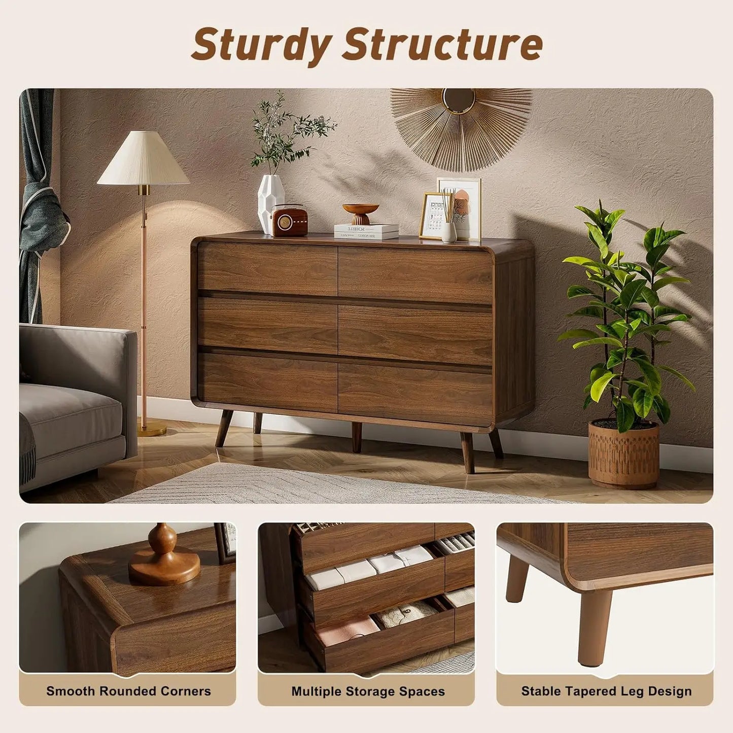 6 Drawer Mid Century Modern Wood Dresser Storage for Bedroom Hallway Entryway Walnut, Customized