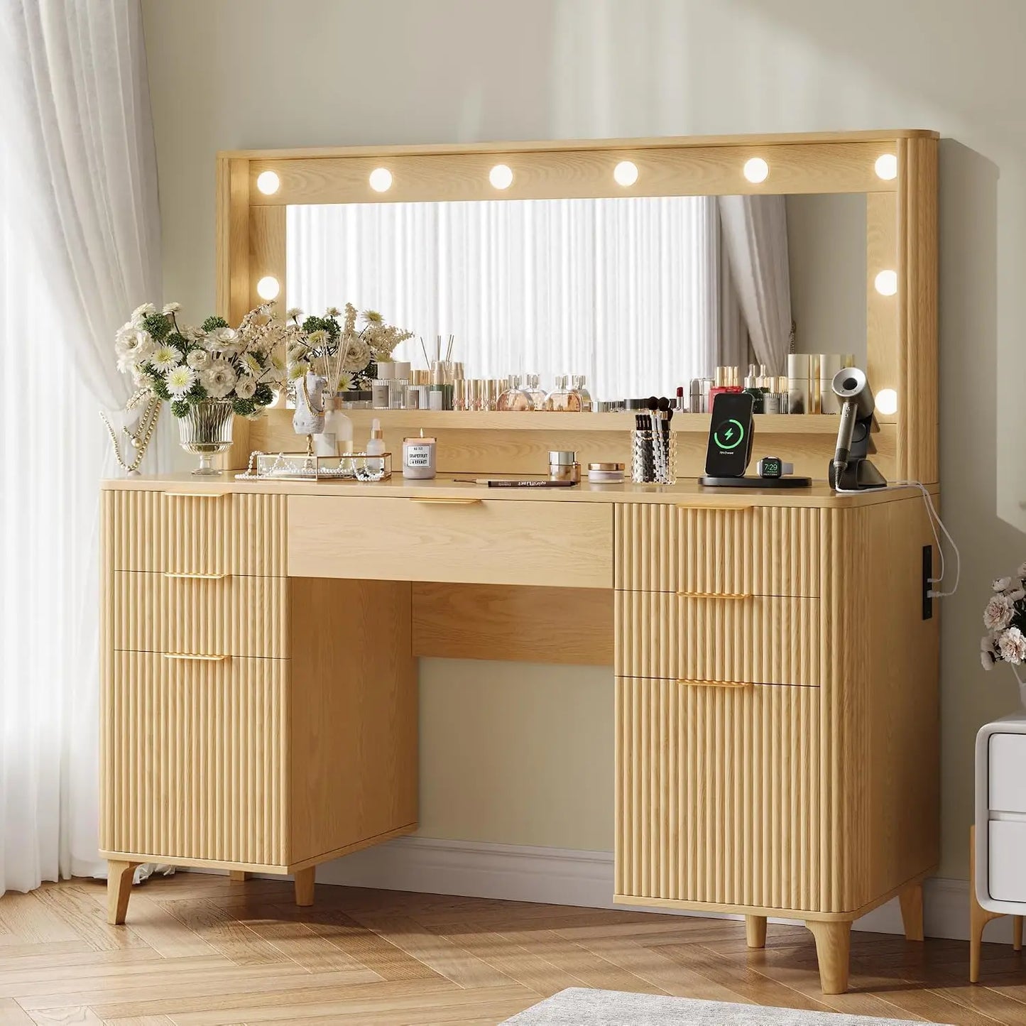 48.8" Wood Fluted Vanity Desk, Large 39.3" Lighted Mirror Makeup Dressing Table, Customized