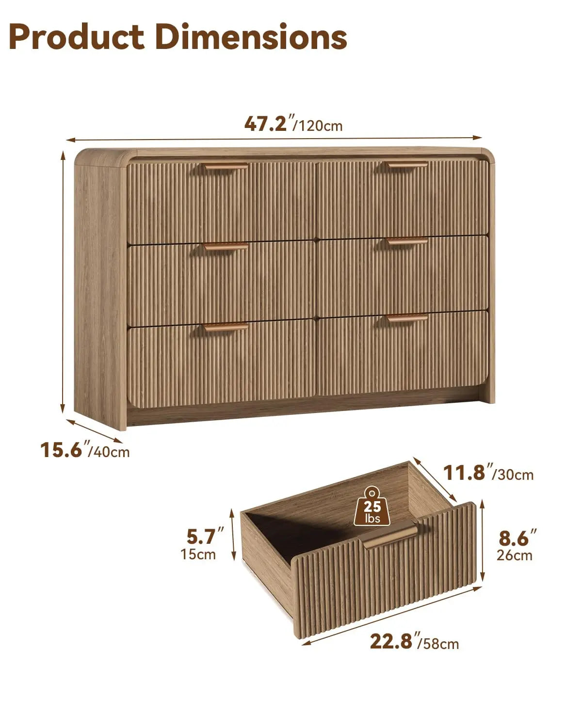 47" Fluted 6 Drawer Dresser Bedroom Curved Modern Wood Storage Organizer Light Walnut, Customized