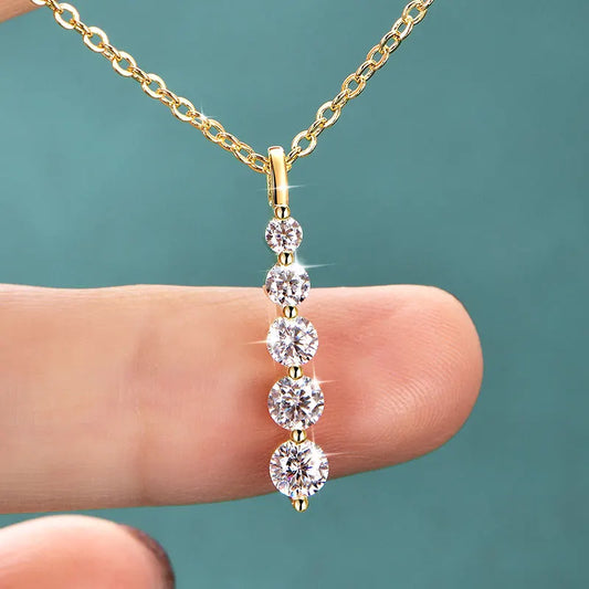 OXTAO Long 5-Stone Moissanite Pendant Necklace D VVS1 for Women Clavicle Chain Necklace Fine Jewelry Gift 14K Gold Filled