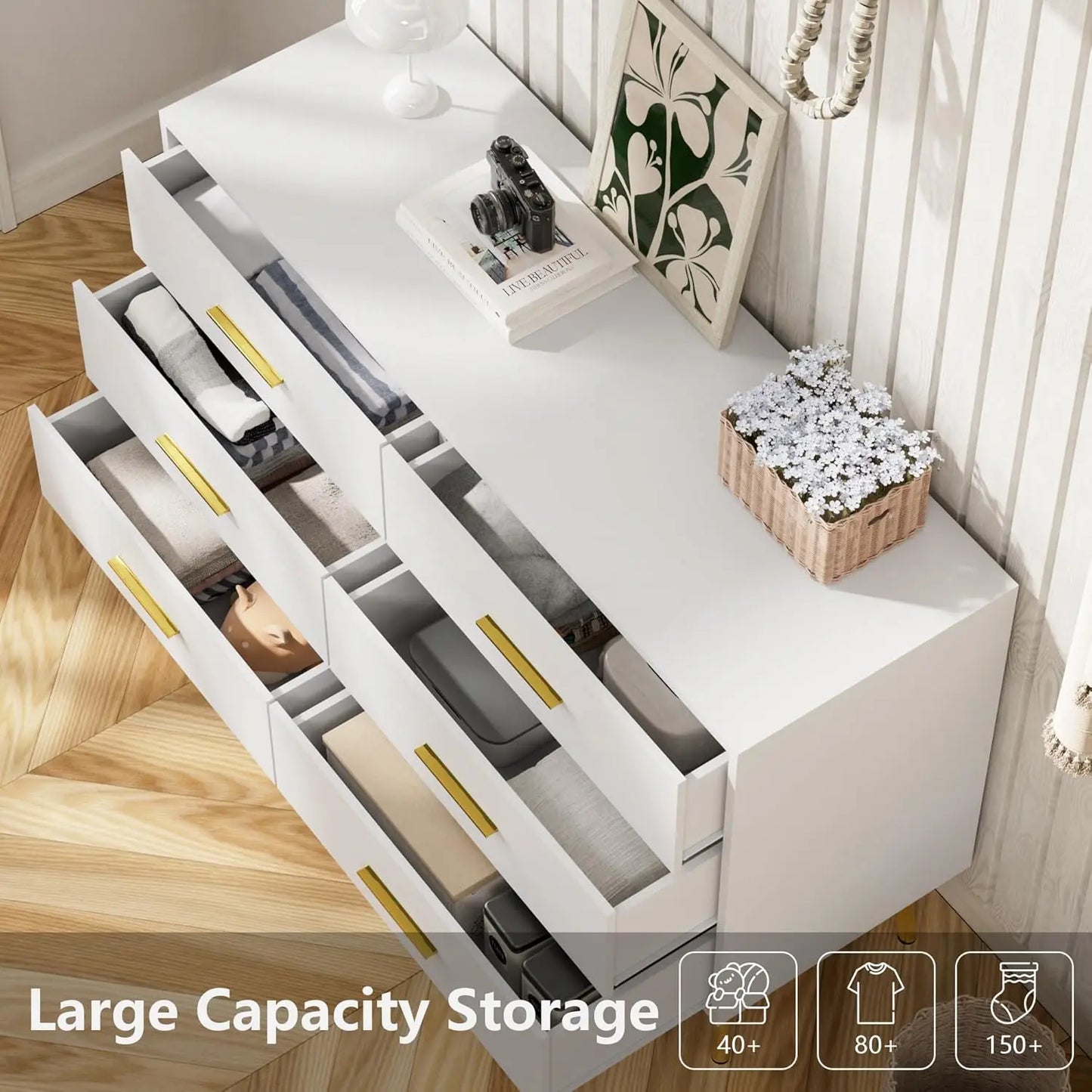 White 6 Drawer Dresser with Gold Handles Wooden Storage Chest for Bedroom Living Room Hallway,Customized