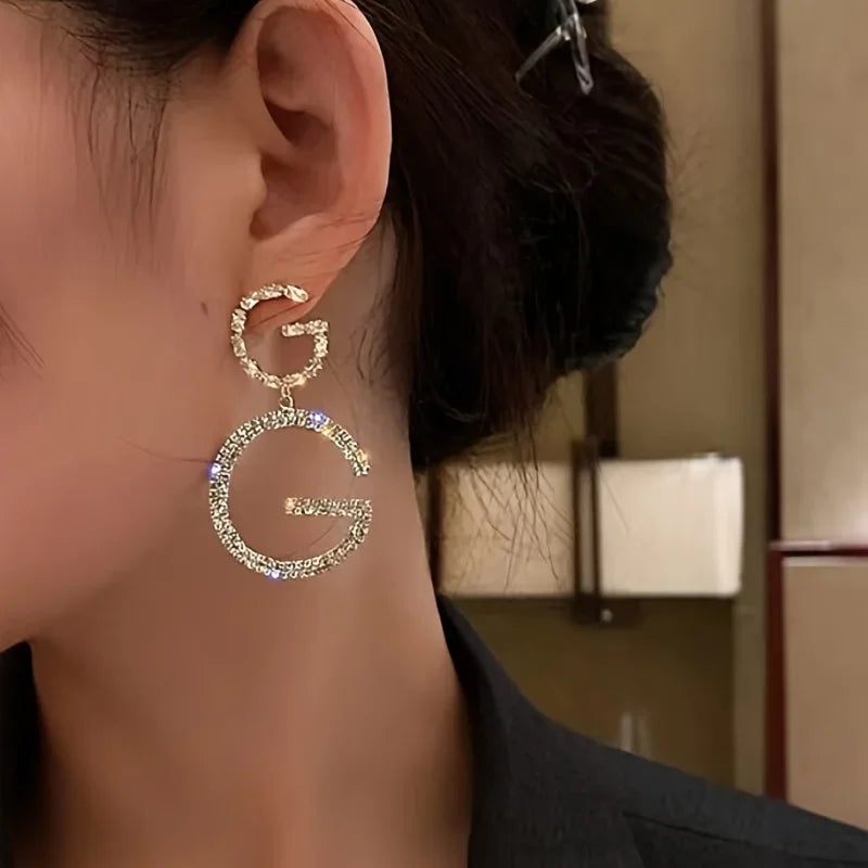 G Letter Pendant Earrings With Rhinestones Stainless Steel