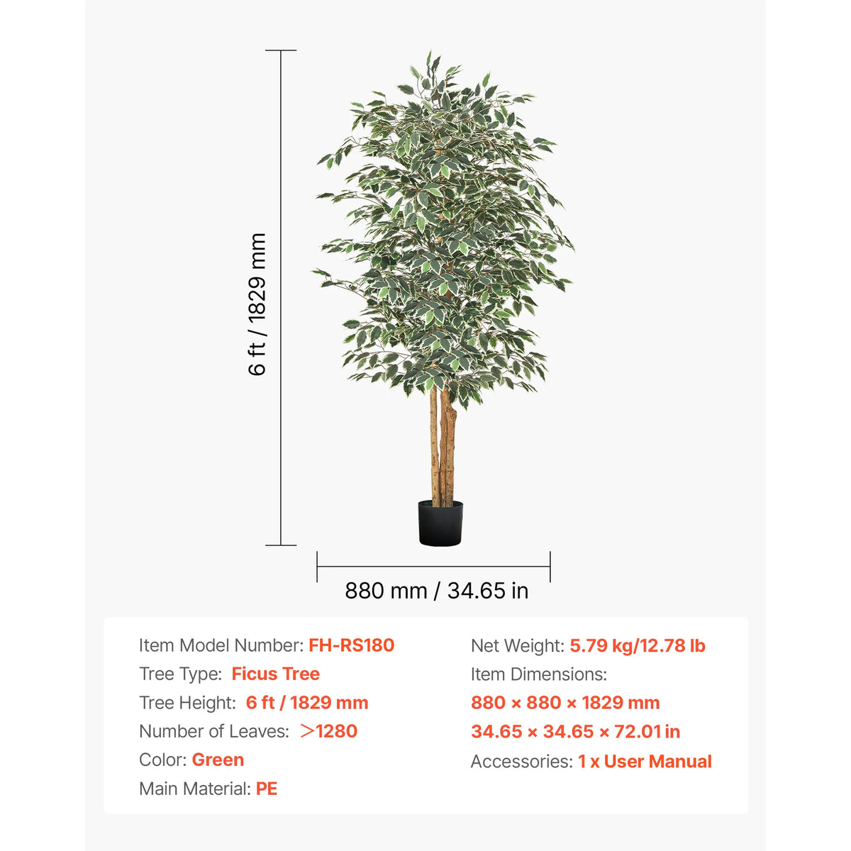 VEVOR 5/6/7/8FT Artificial Tree Tall Faux Ficus Plant with Natural Wood Trunk and Realistic Green Leaves for Home Living Room