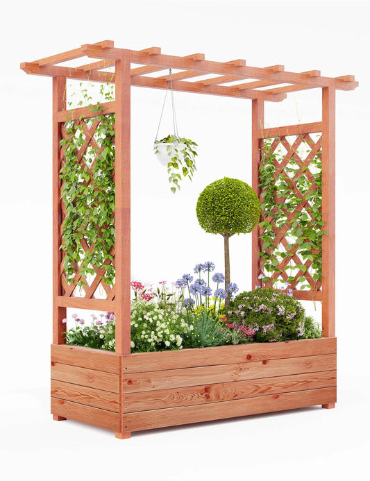 Elevated Wooden Raised Garden Bed with Trellis/Canopy/Drainage Hole Freestanding Planter Box for Climbing Plants Vines Blossoms
