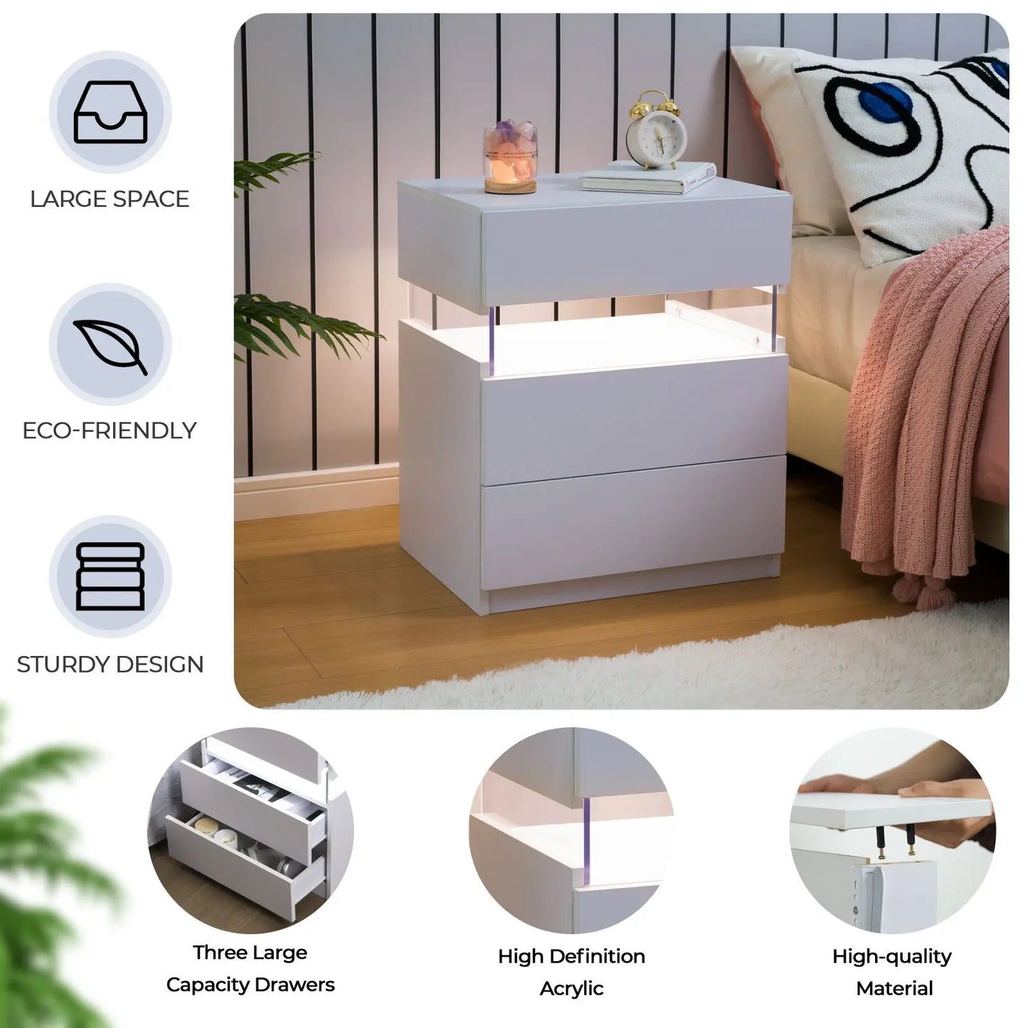 Cubehom Bedside Tables 2 Set with LED Lighting White Bedside Table with 3 Drawers Bedside Table for Bedroom