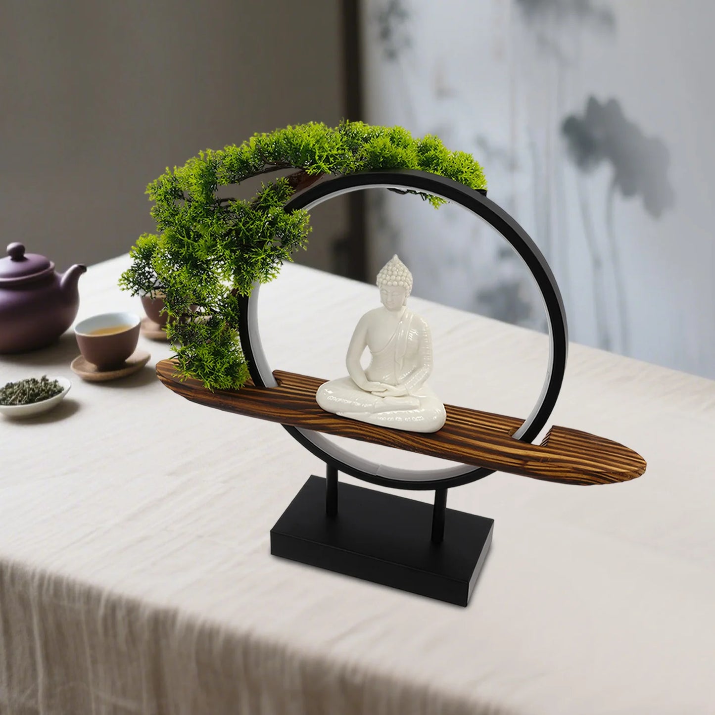 Buddha Indoor Statue Desktop Ornament With LED Circle Lamp