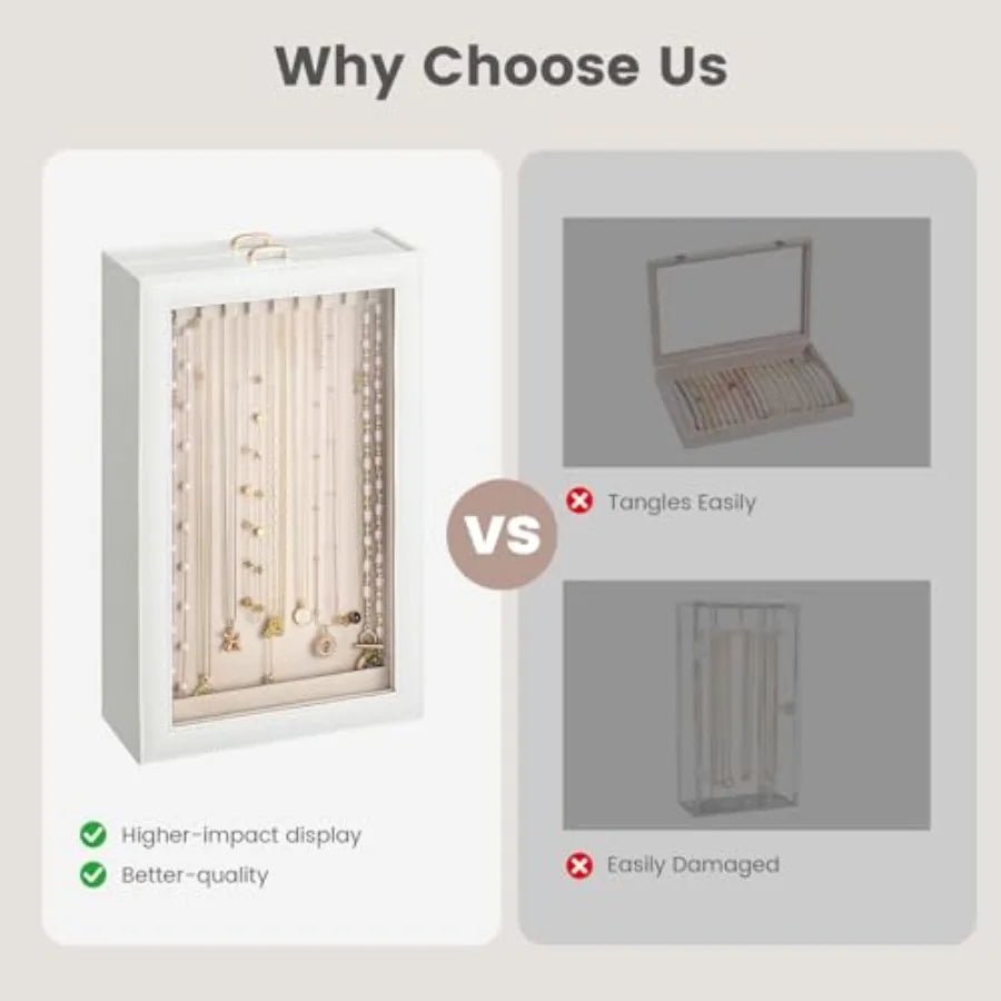 Necklace Organizer Box, Jewelry Storage Box with Clear Window for Necklaces Bracelets, Tangle-Free Necklace Display Case for Wo