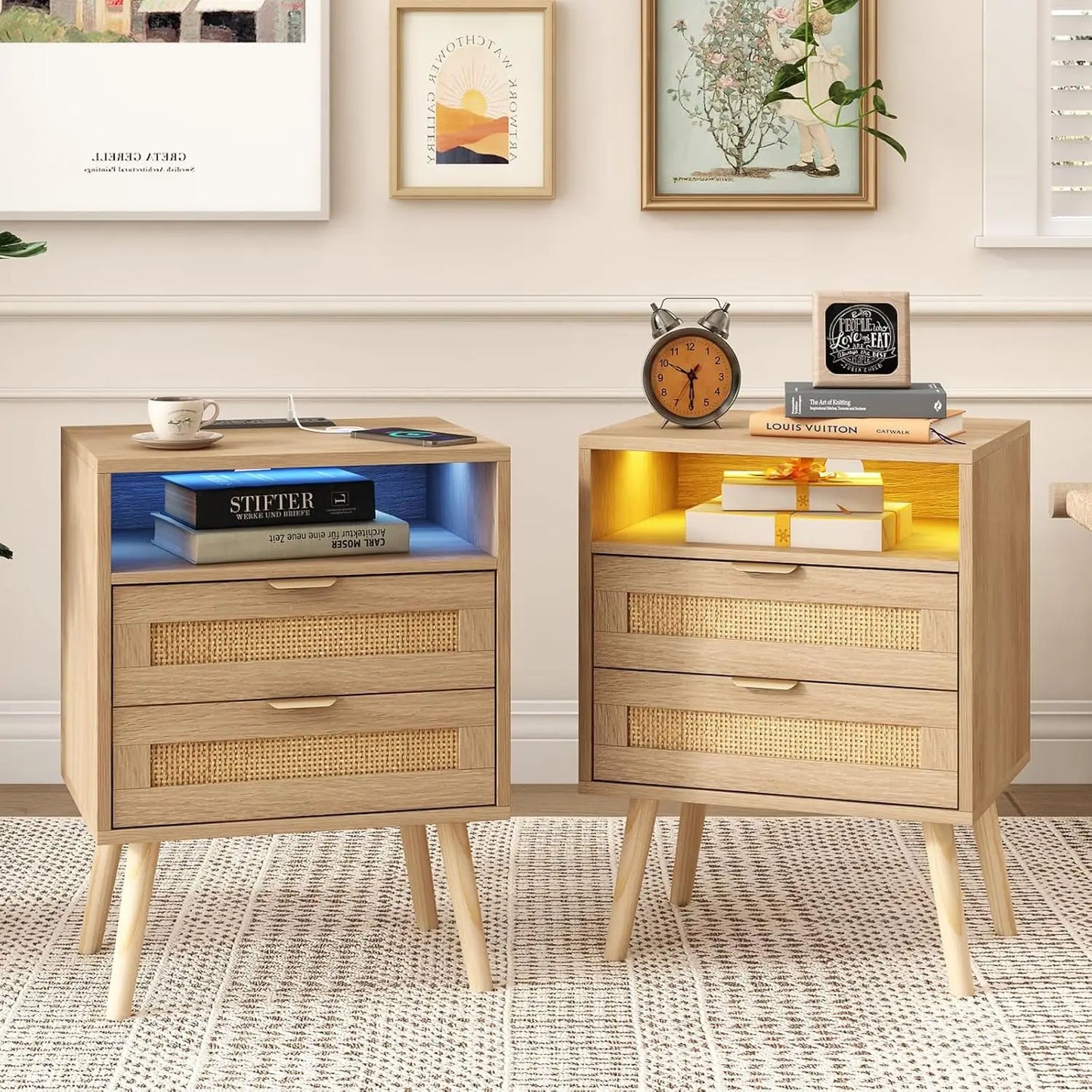 Real Rattan Nightstands Set of 2 with Charging Station and Led Lights, End Tables with 2 Drawers and Solid Wood, Customized