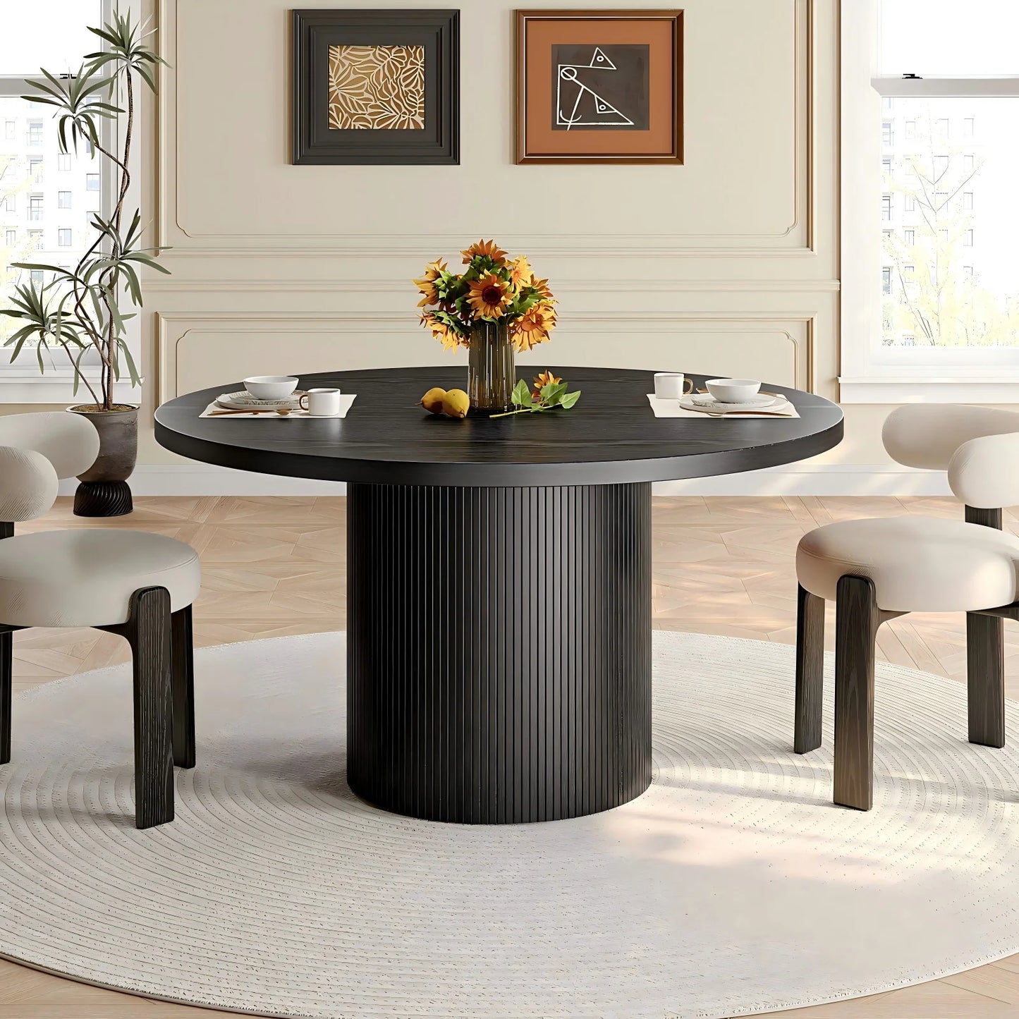 Black 47 Inch Round Dining Table For 4, Circle Fluted Kitchen Table Wood, Modern Dinner Tables For Kitchen, Living Room