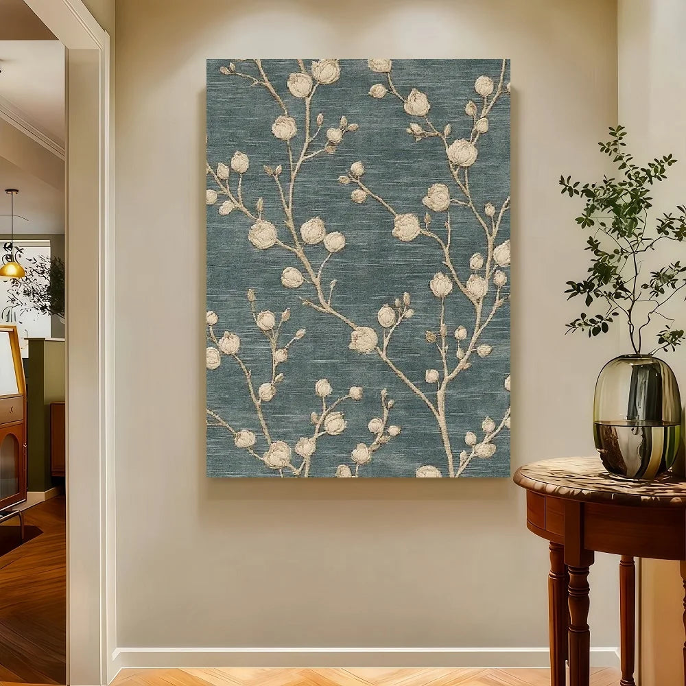 Framed 1pc, Wall Art, Fashion Poster, French Country Vintage Botanical Art Print, Gray-blue Textile Canvas Painting, Living Room