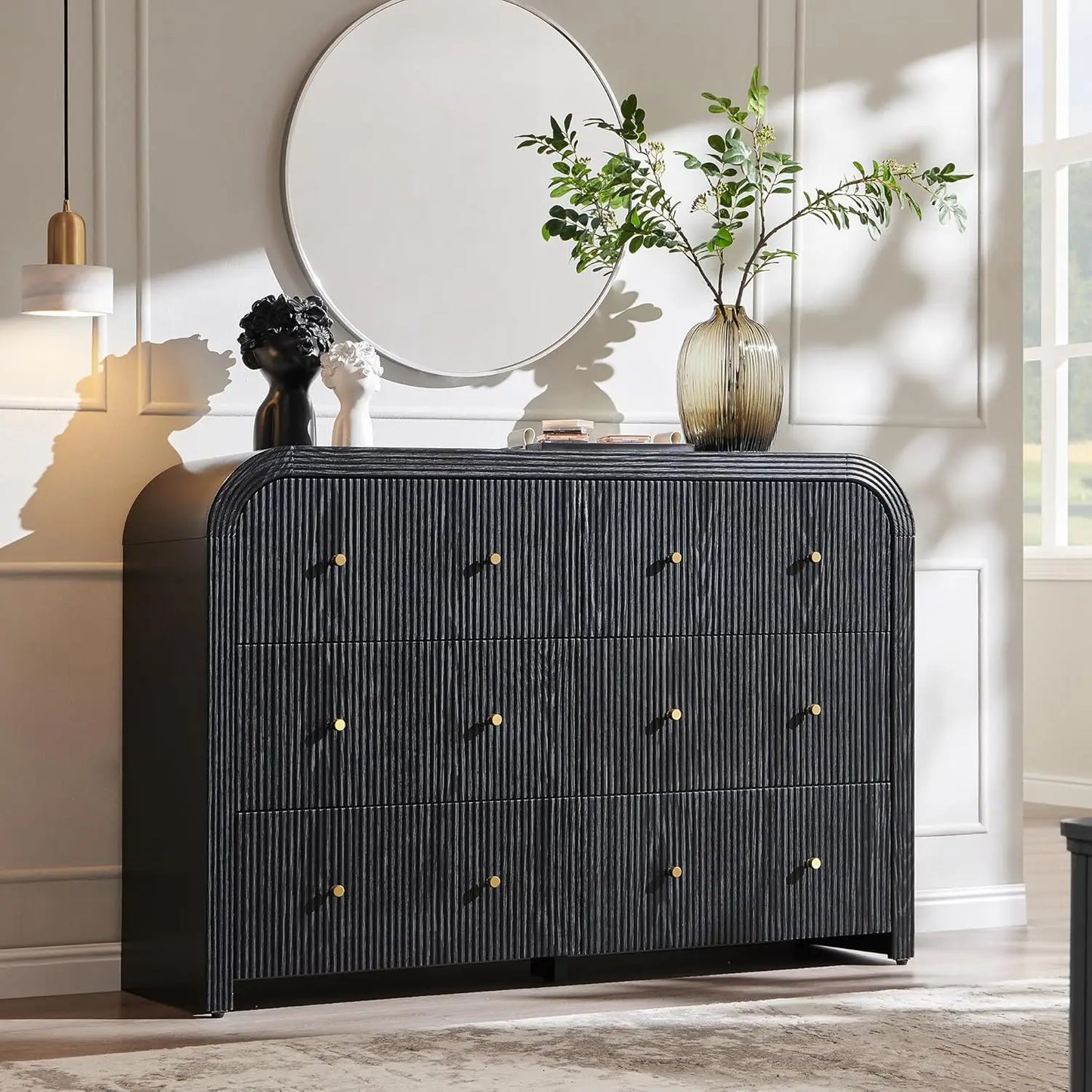 Fluted 6 Drawer Dresser Bedroom 54in Wide Curved Profile Wood TV Stand Living Room Hallway Oak, Customized