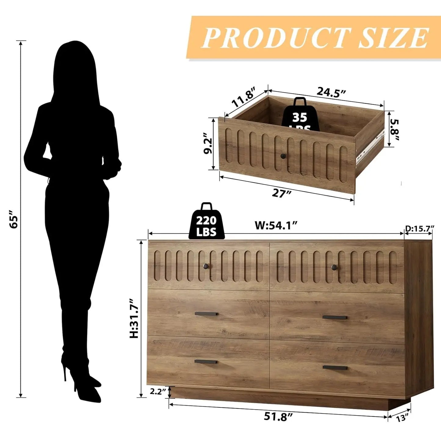 Farmhouse 6-Drawer Wood Dresser Fluted Anti-Tip Bedroom Living Room Hallway Entryway Nursery Rustic Oak, Customized