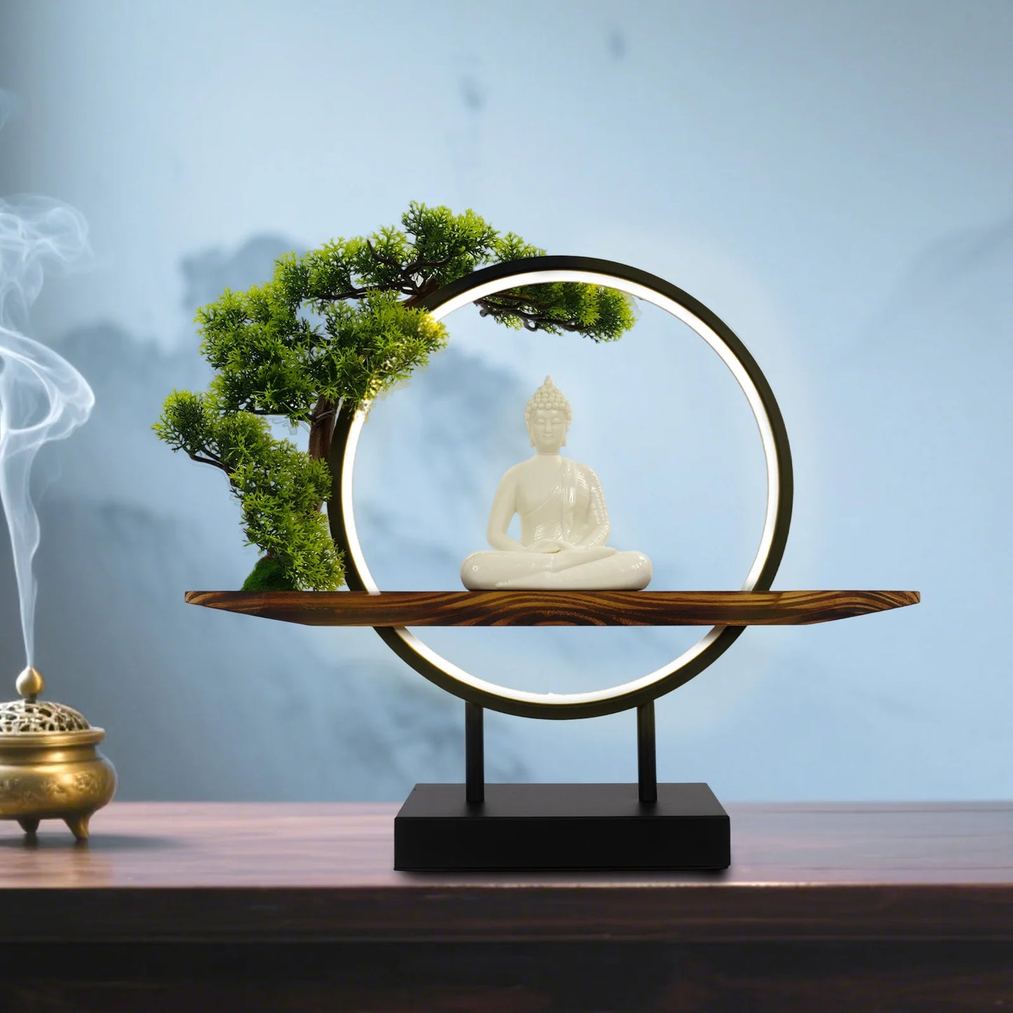 Buddha Indoor Statue Desktop Ornament With LED Circle Lamp