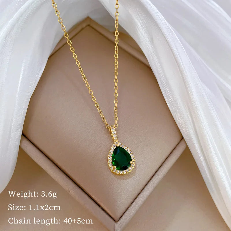 XIYANIKE Water Drop Emerald Zircon Pendant Necklace Earrings Jewelry Set For Women Stainless Steel Chain Necklaces Party Gift