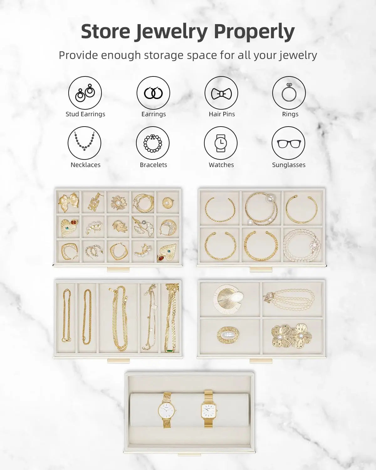 LUNEVA Store VLANDO 6 Layer Large Jewelry Box - Jewelry Holder Organizer, Jewelry Box Organizer for Drawer Necklace Ring Bracelet and Watch, Birthday Gift for Loved Ones - Beige