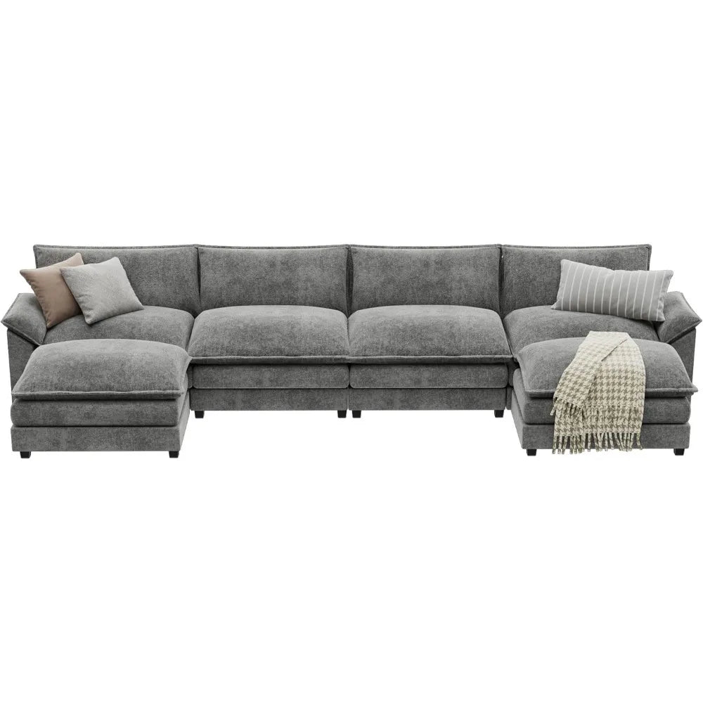 Sectional Modular Sofa U Shaped Chenille Fabric Couch with High Supportive & Soft Sponges and Removable Ottoman, Sleeper Comfy