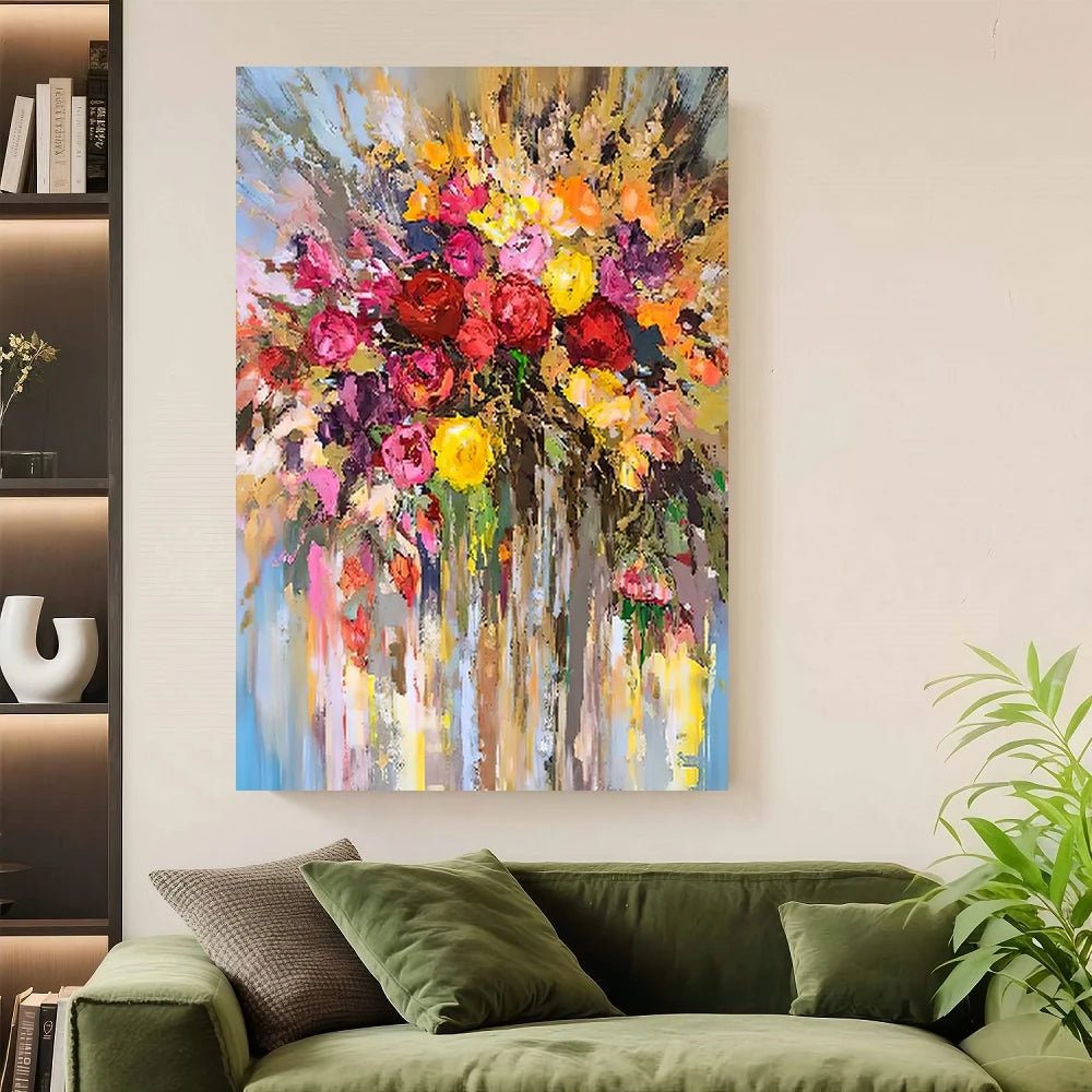 Framed Flat,1pc Canvas Painting, Abstract Colorful Flowers, Fun Artwork for Home, Bedroom, Kitchen, Living Room, Hotel, Cafe, Of