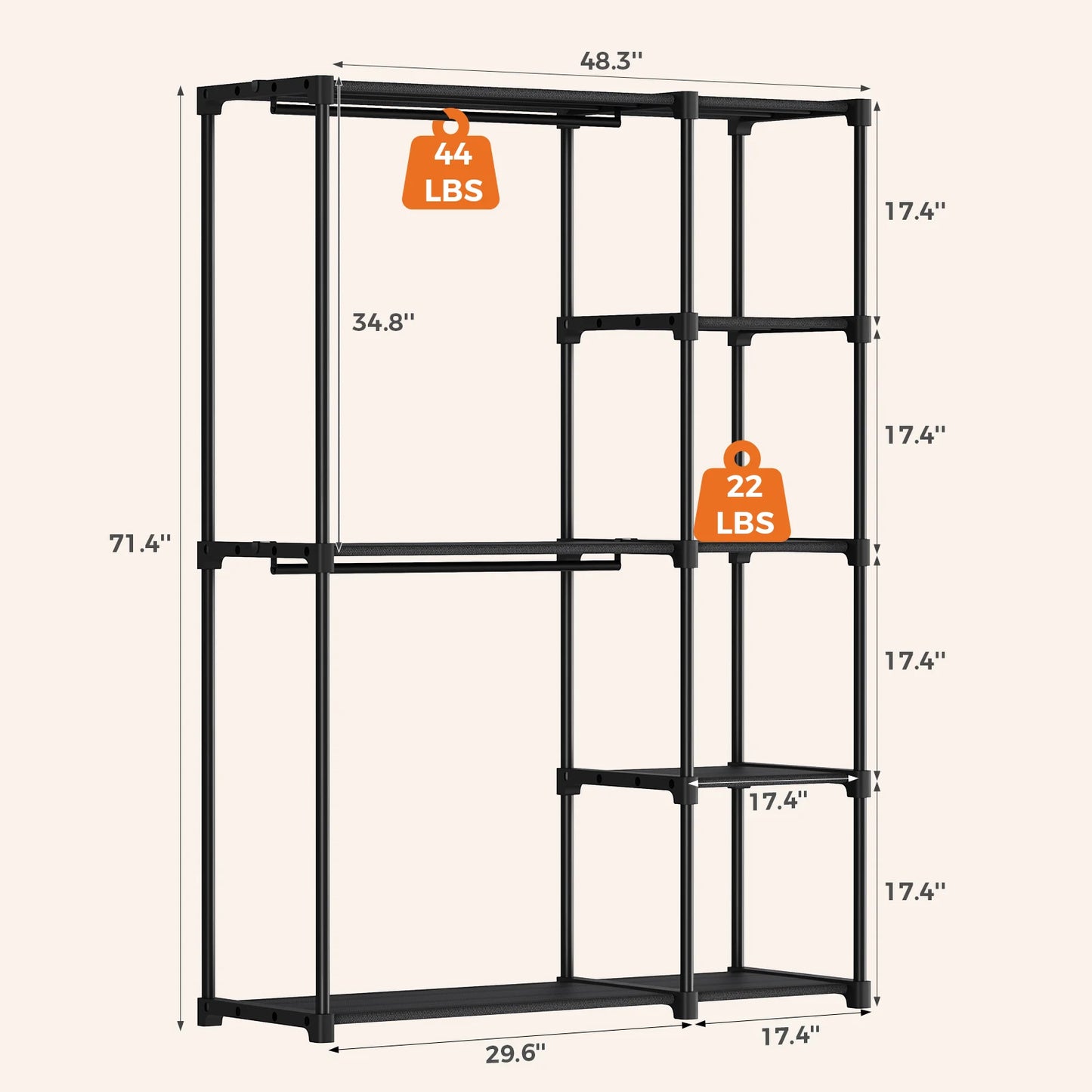 JHK 44IN to 49IN Portable Wardrobe Closet with Hanging Rods Clothing Rack with Shelves Mudroom Storage Organizer For Home