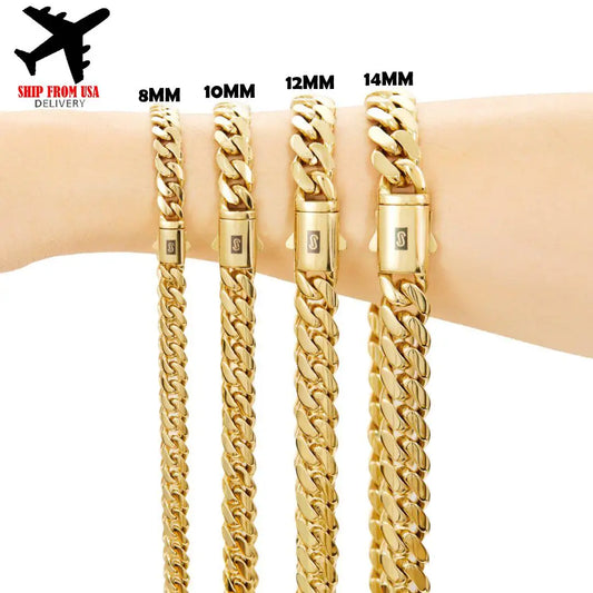 8-14MM Black S Clasp 14K Gold Cuban Link Chain Necklace for Men Chunky Hip Hop Jewelry Stainless Steel Rope Chain