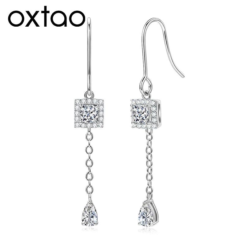 OXTAO Princess Cut Moissanite Geometric Stud Earrings 3.5x3.5mm  D VVS1 for Women Long Tassel Drop Earrings Women's Jewelry Gift