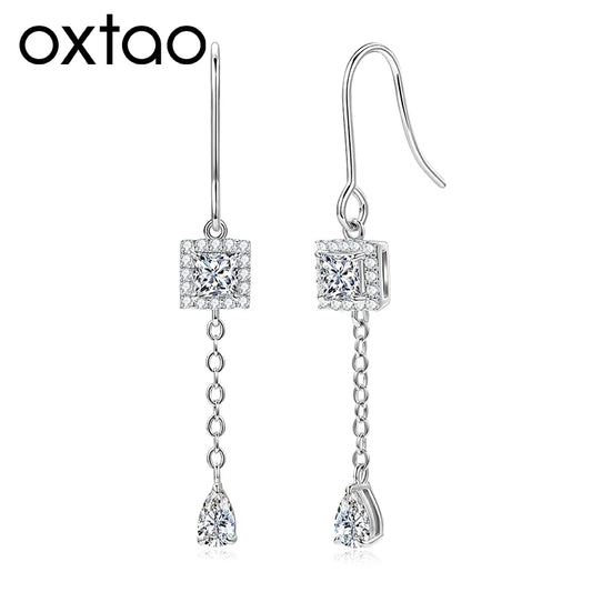 OXTAO Princess Cut Moissanite Geometric Stud Earrings 3.5x3.5mm  D VVS1 for Women Long Tassel Drop Earrings Women's Jewelry Gift