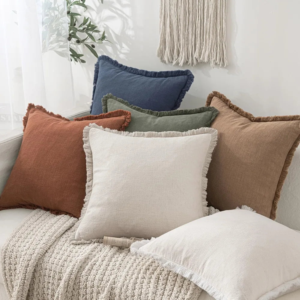 Set of 2 Boho Farmhouse Throw Pillow Covers 20x20 Linen Fringe Neutral Beige
