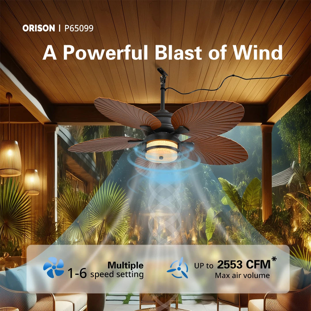 Orison 52'' Outdoor Ceiling Fan with Lights, Tropical Palm Leaf Fan, Wet Rated for Patio, Porch & Gazebo, Dimmable LED, 6-Speed,