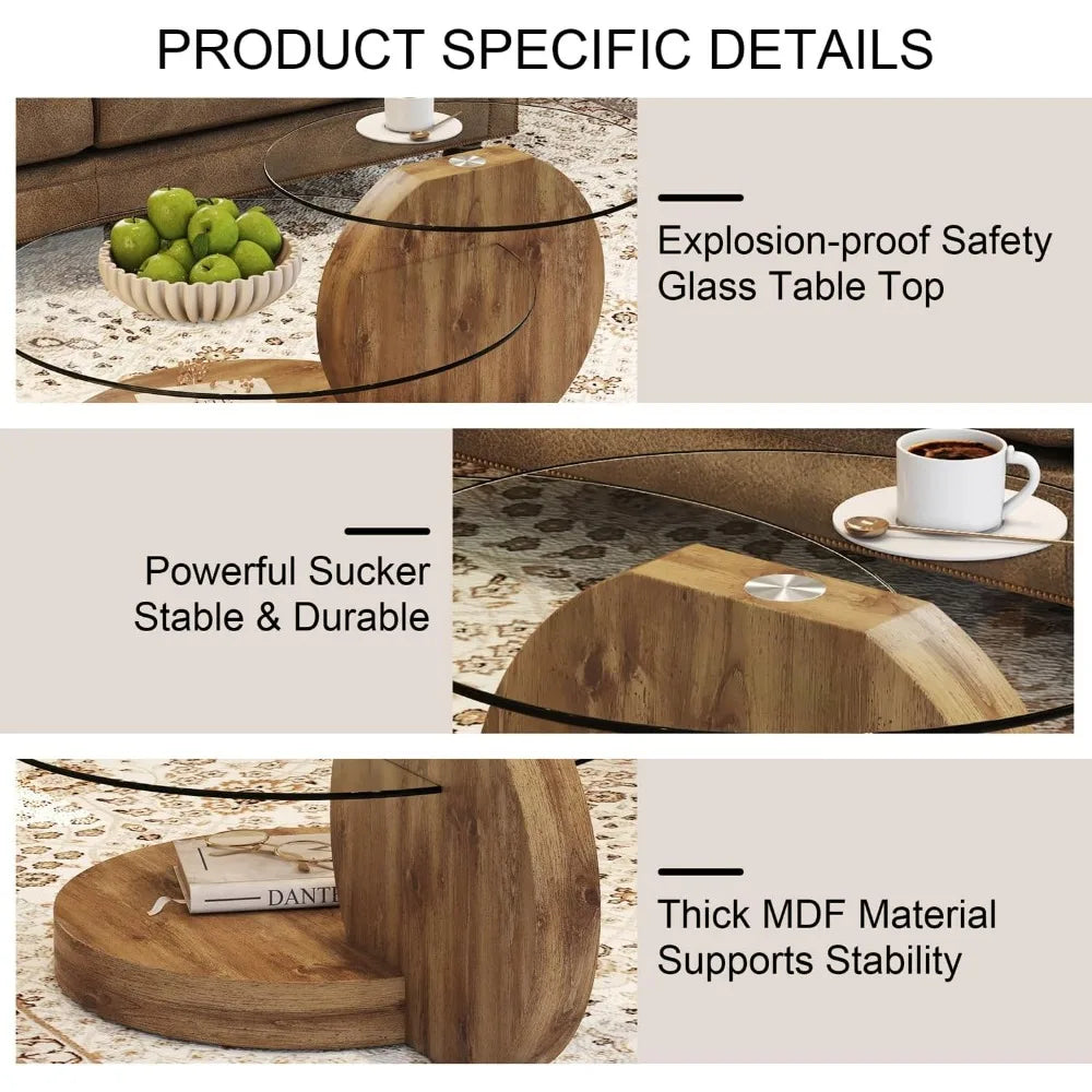Tempered Round Glass Coffee Table With Wood Frame 3 Tier