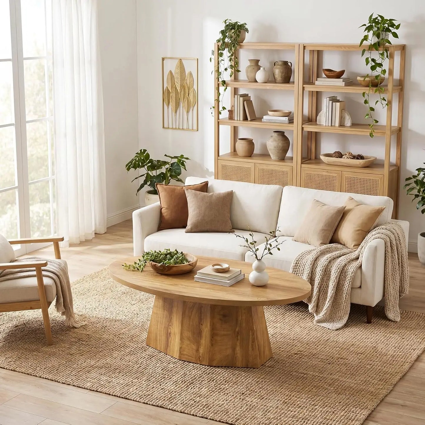 Oval Coffee Table, 47-Inch Living Room Table with Polygonal Pedestal, Modern Center Accent Furniture,Easy Assembly, Yellowish Brown