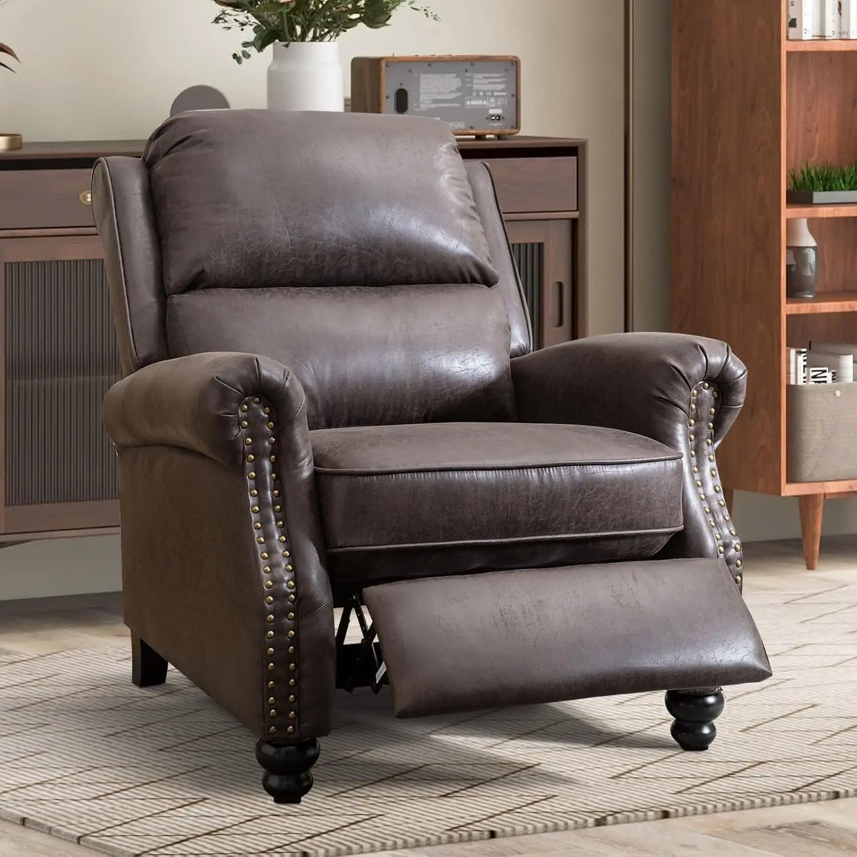 Pushback Recliner Chair Faux Leather Armchair Push Back Recliner with Rivet Decoration Single Sofa Accent Chair for Living Room