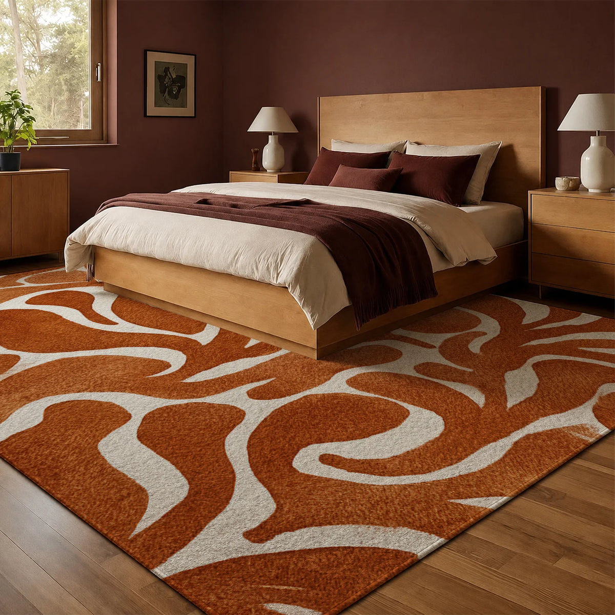 Large Indoor Area Rug, Soft Velvet Low Pile Floor Rug with Non-Slip Dotted Backing, Machine Washable Warm Terracotta Abstract Organic Pattern for Living Room, Bedroom, Entryway